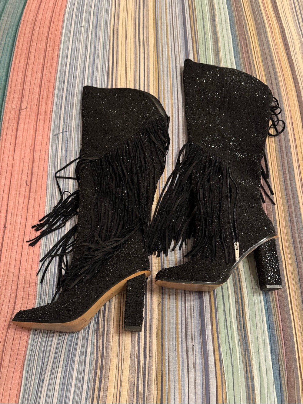 Jessica Simpson Black Rhinestone Fringe over the knee size 8.5 Western Glam